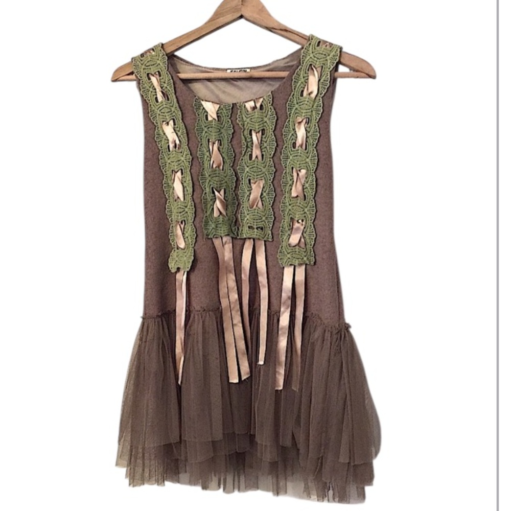 Sleeveless Brown Green Mesh Tulle Tiered Ruffle Lace Ribbon Whimsical  Dress